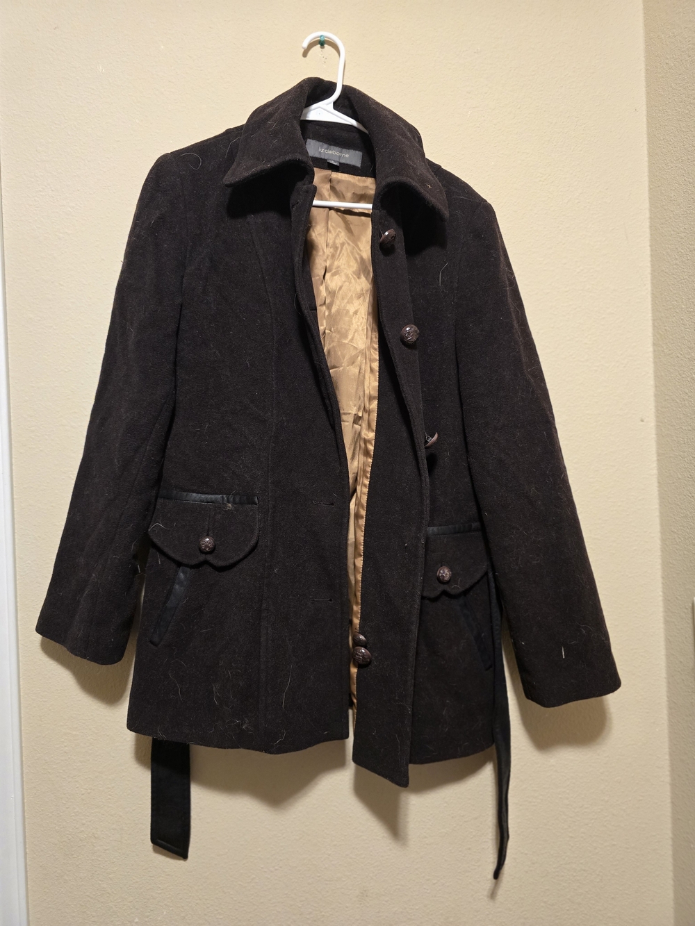 Liz Claiborne Dark Brown Wool Pea Coat with Tan Lining